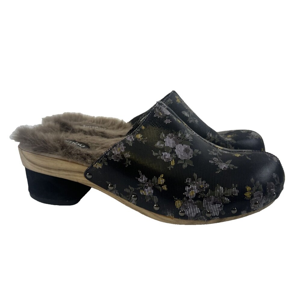 Jambu Handcrafted Monaco Mule Clog Black Floral Leather Faux Fur Lined Womens 10